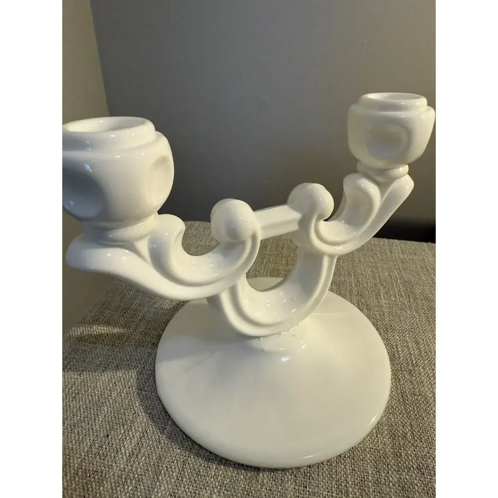 🕯️ Vintage Indiana Glass White Milk Glass Double Candle Holder | 7” Wide | Clas